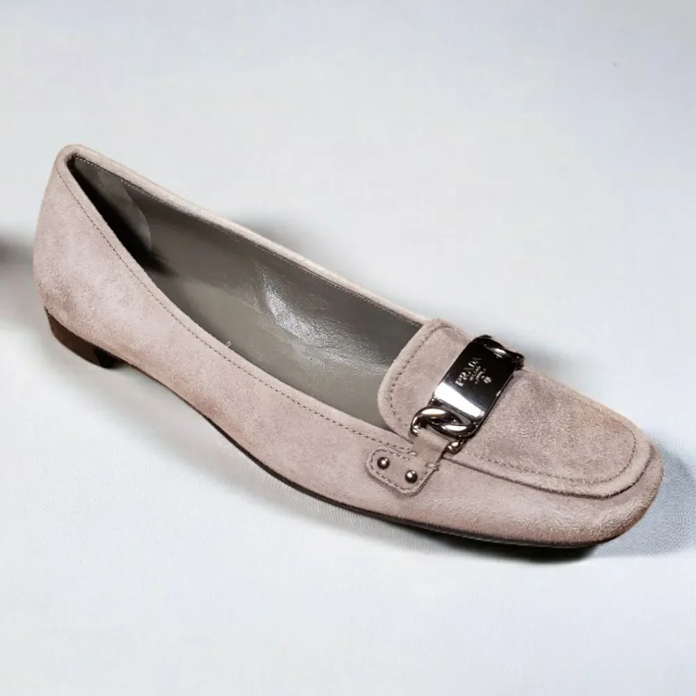 Prada Parisian Quiet Luxury Taupe Suede Pewter Logo Buckle Loafers